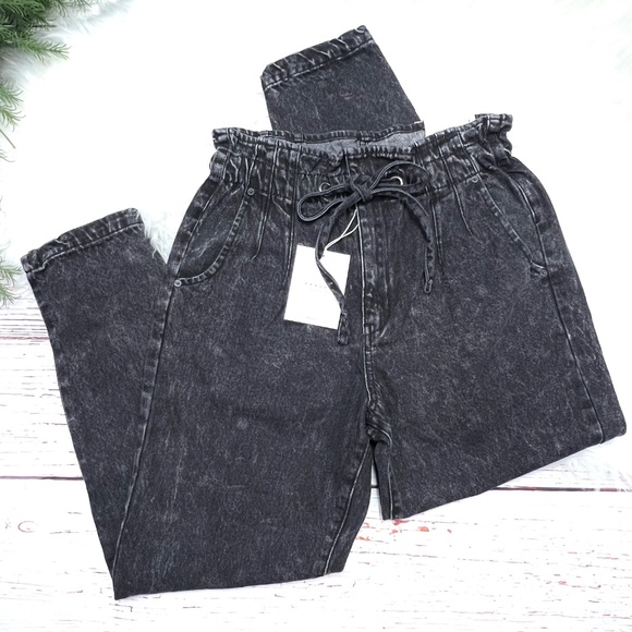 👖NWT($82)🤩 |•KANCAN•| Eva Denim Black Paper Bag Super High Rise Jeans Large👖 - Picture 1 of 9